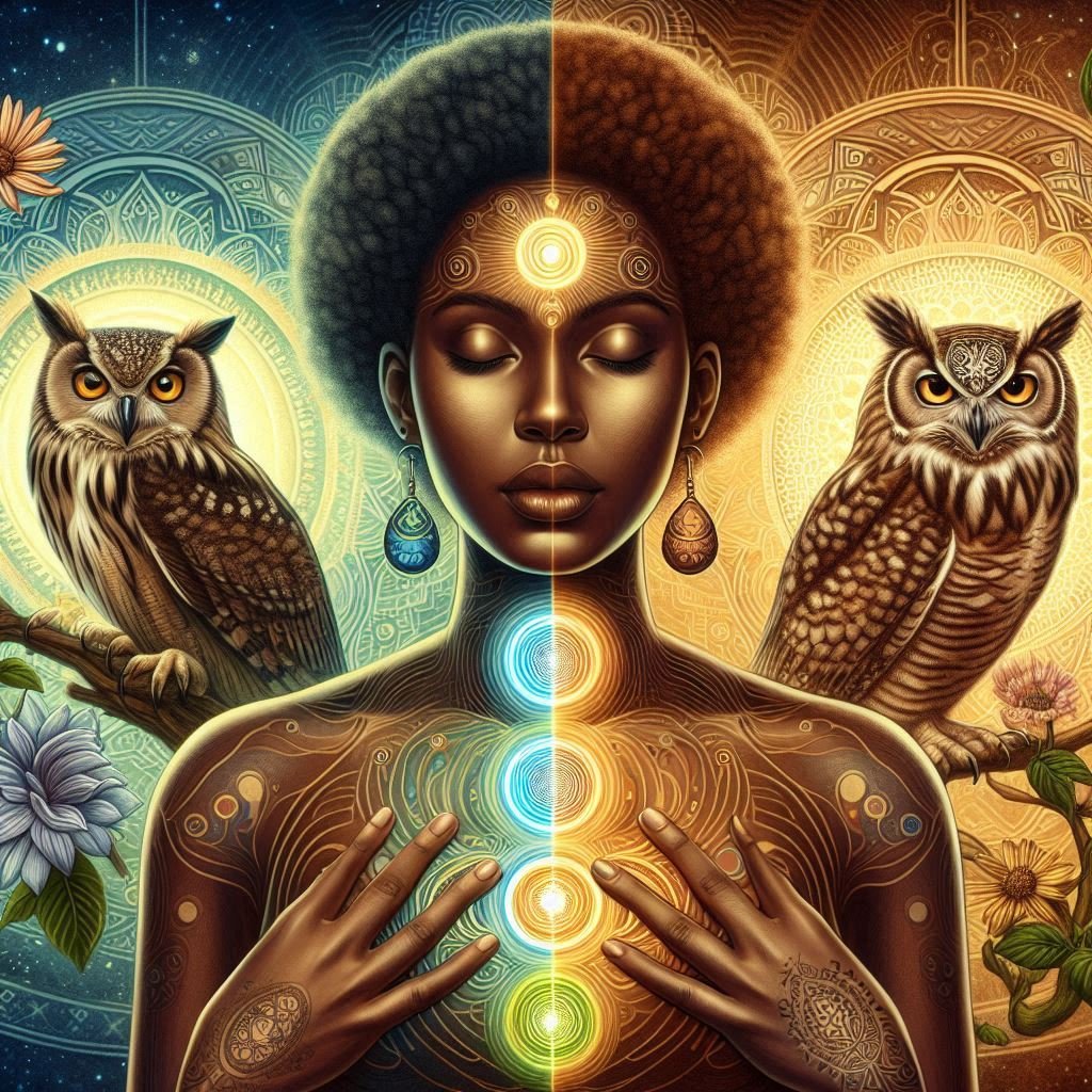 an illustration for awakened and chakra people with an owl in it and nature (1)